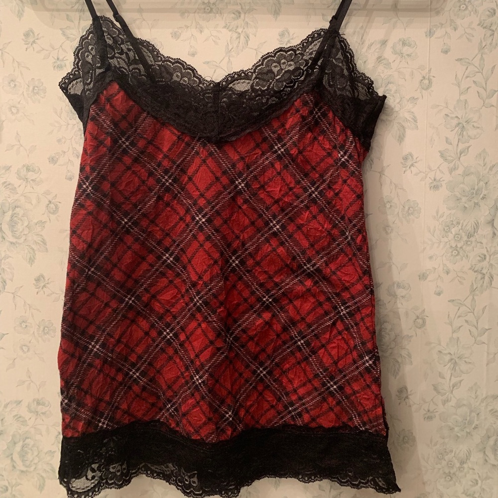 Red and black plaid tank with lace